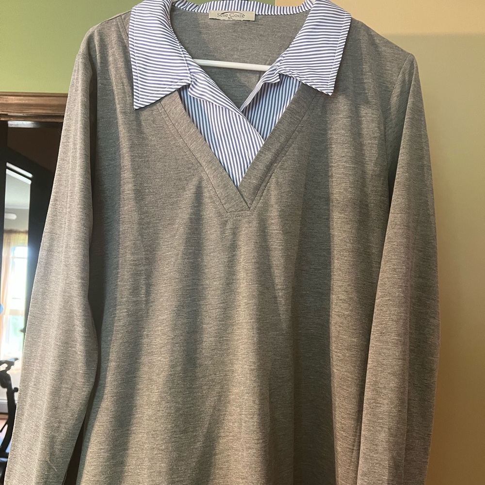 Women's Long Sleeve Contrast Collar Shirt A-line Pleated Office Tunic